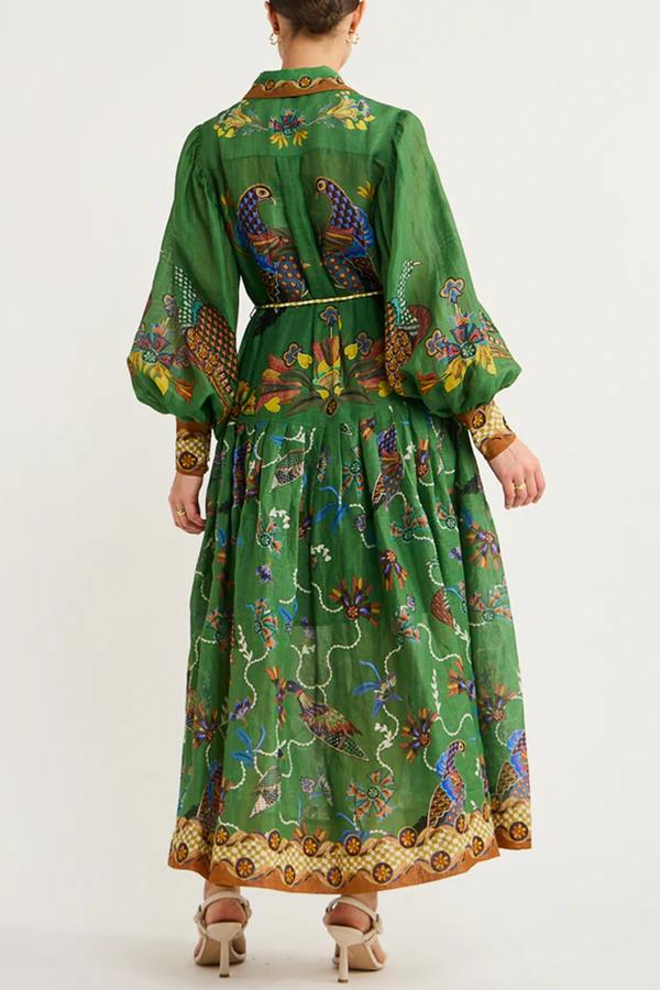 Heaven Bird Print Balloon Sleeve Dress