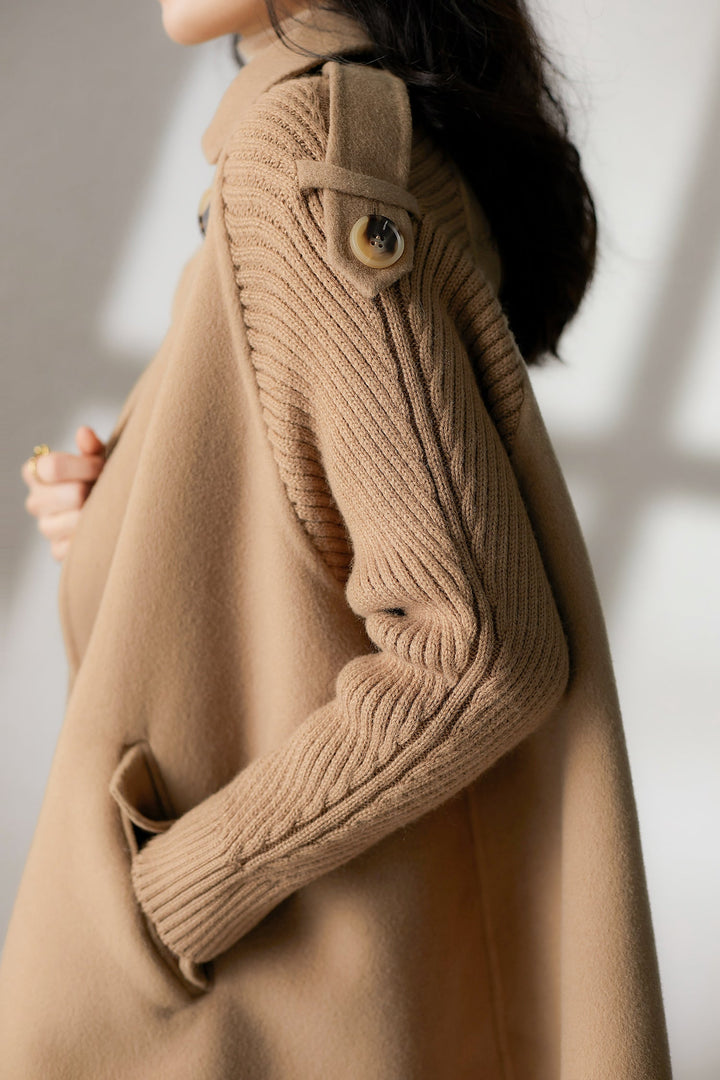 Stand Collar Epaulet Decor Knit Contrast Melton Coat
