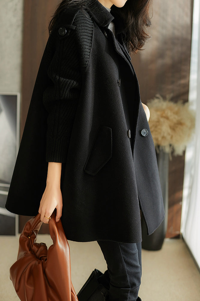 Stand Collar Epaulet Decor Knit Contrast Melton Coat