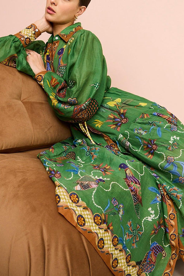 Heaven Bird Print Balloon Sleeve Dress