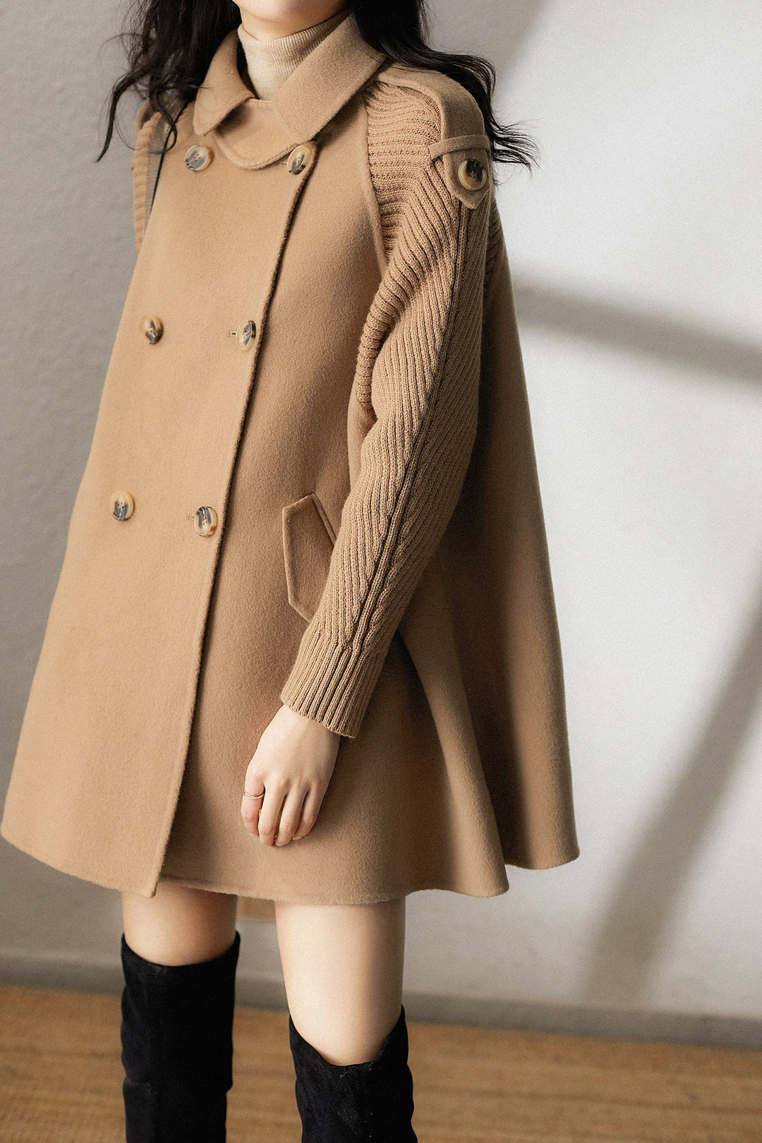 Stand Collar Epaulet Decor Knit Contrast Melton Coat