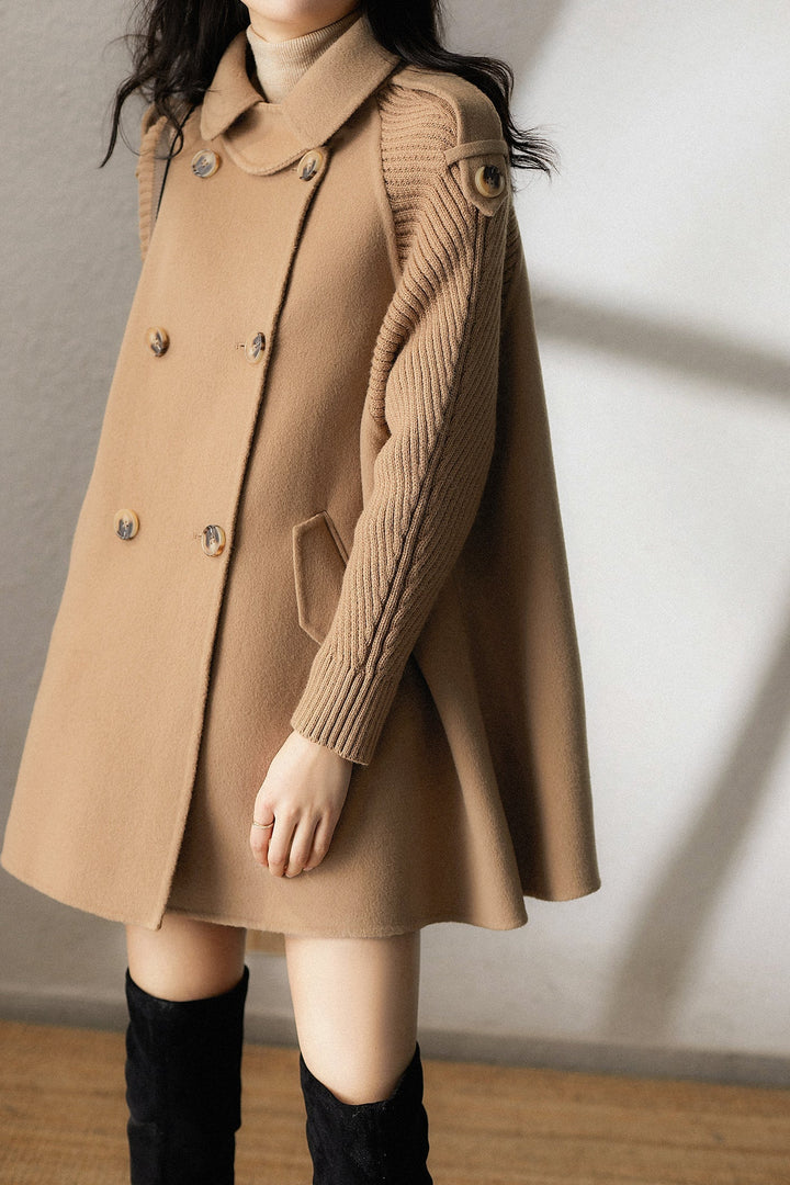 Stand Collar Epaulet Decor Knit Contrast Melton Coat