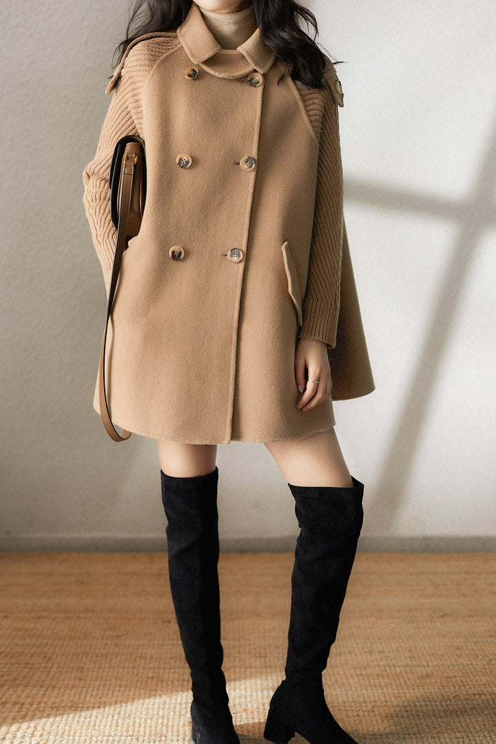 Stand Collar Epaulet Decor Knit Contrast Melton Coat