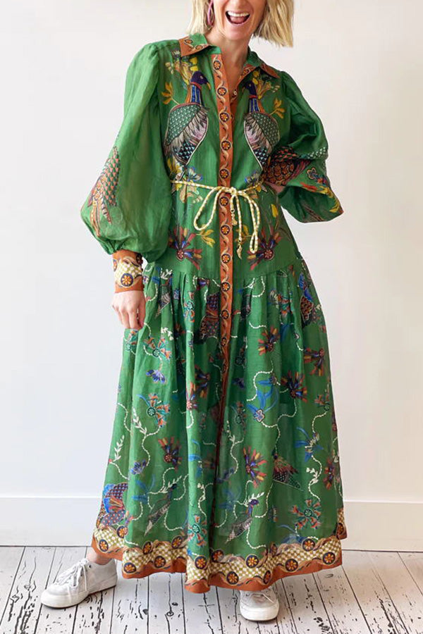 Heaven Bird Print Balloon Sleeve Dress