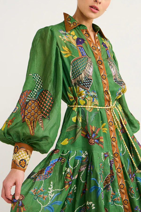 Heaven Bird Print Balloon Sleeve Dress