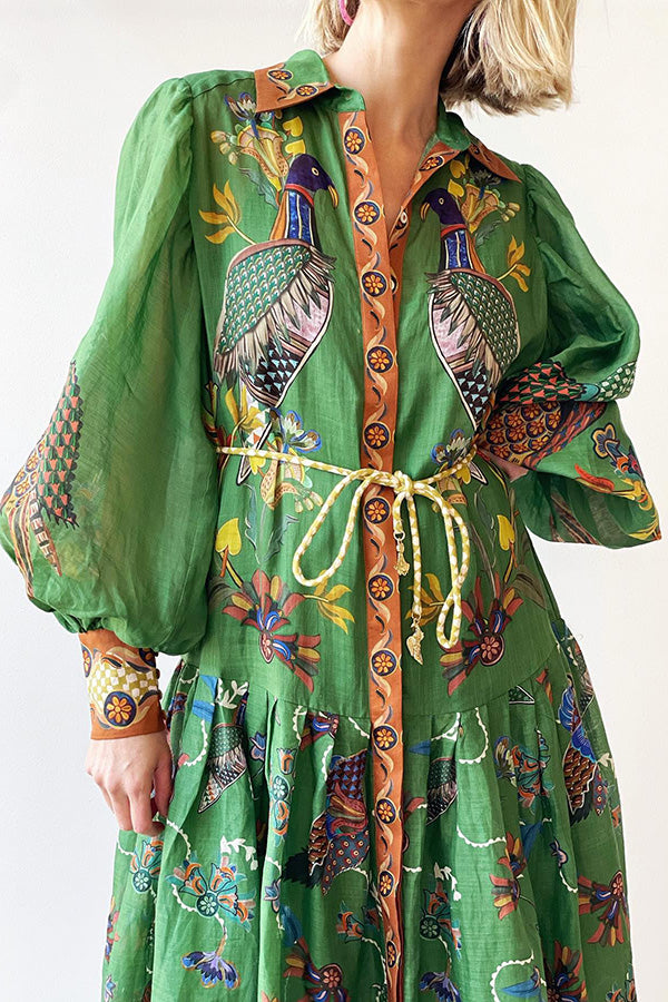 Heaven Bird Print Balloon Sleeve Dress