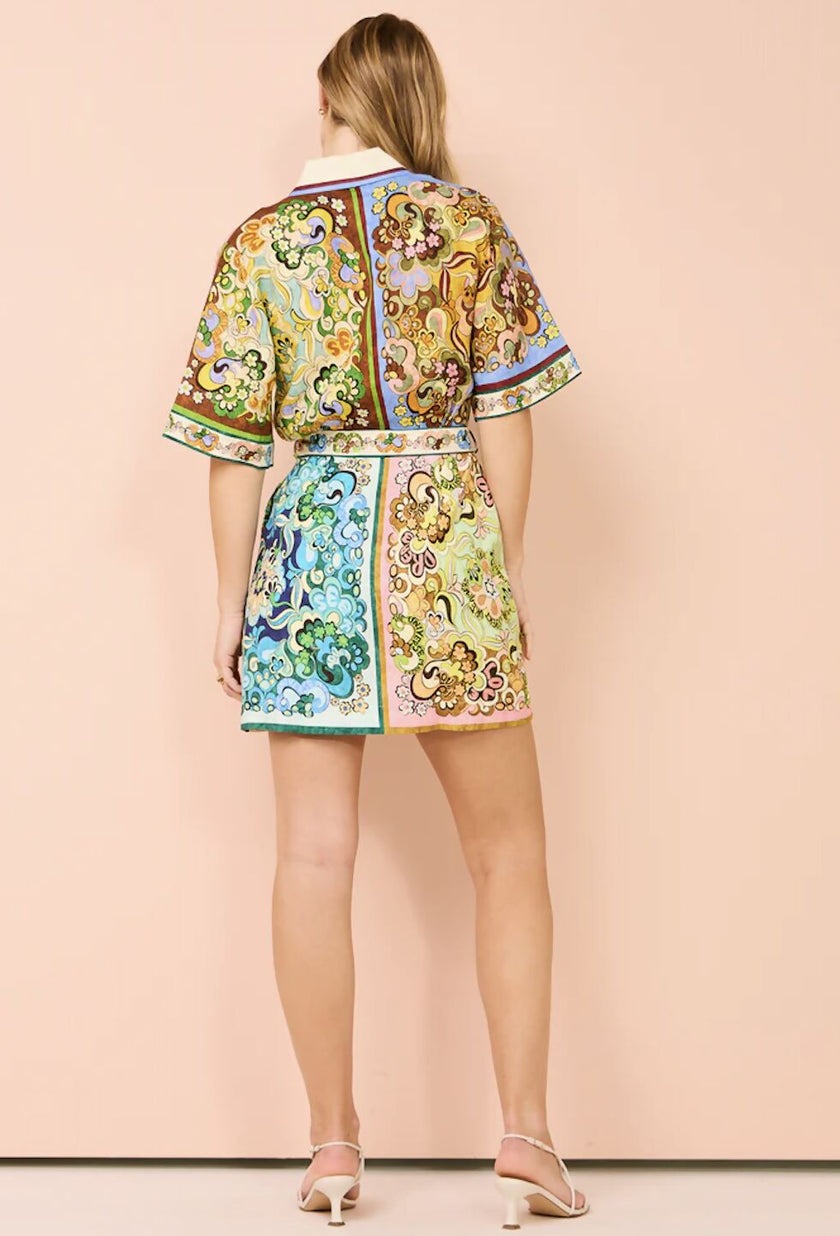 Unique Printed Shirt Style Tie-waist Mini Dress