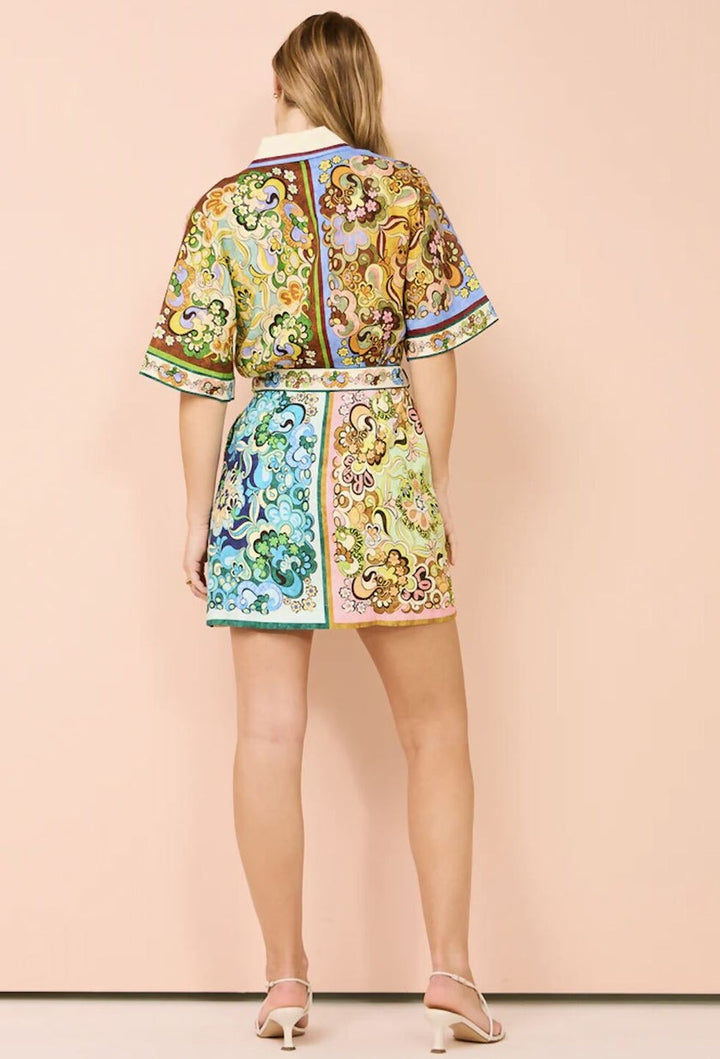 Unique Printed Shirt Style Tie-waist Mini Dress
