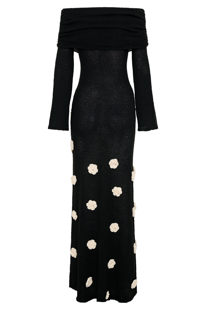 Kiki Off Shoulder Knit Rose Maxi Dress - Black/White