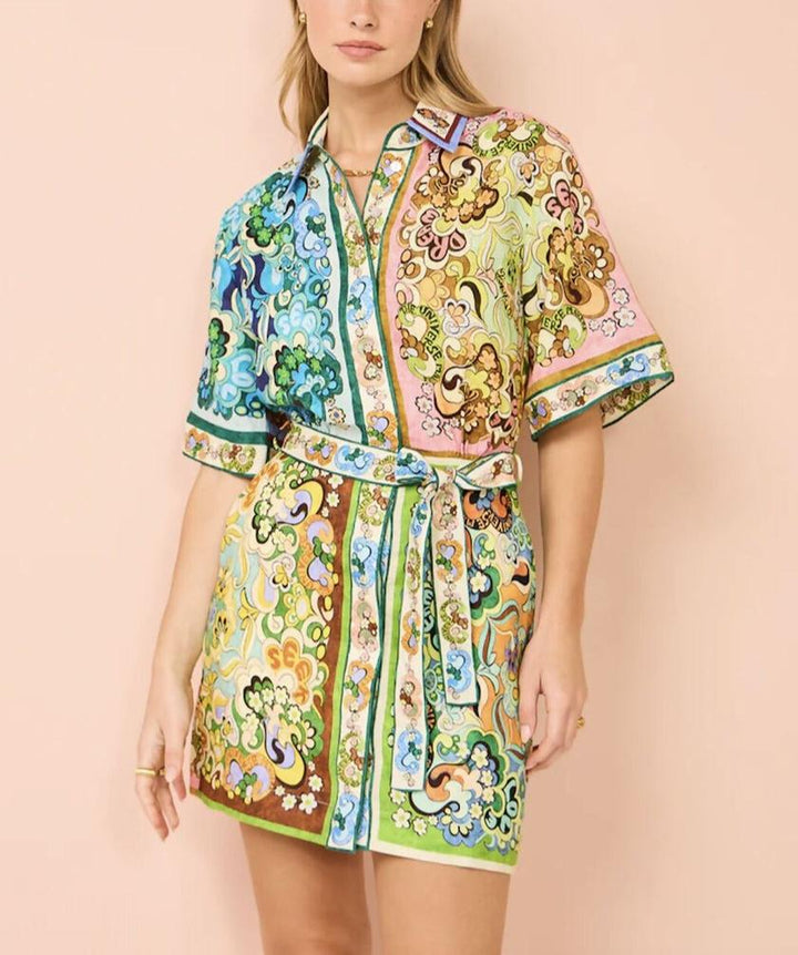 Unique Printed Shirt Style Tie-waist Mini Dress