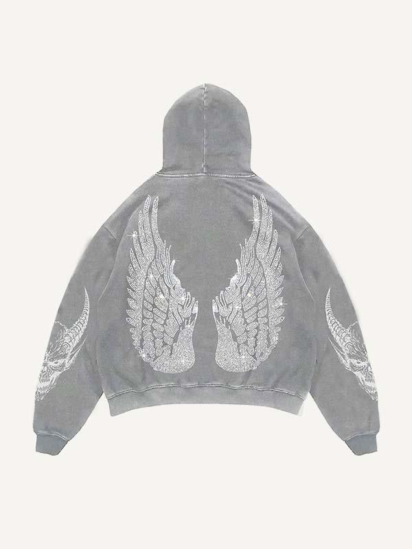 Demon&Wing&Letter Faux Decal Print Slant Pockets Hoodie
