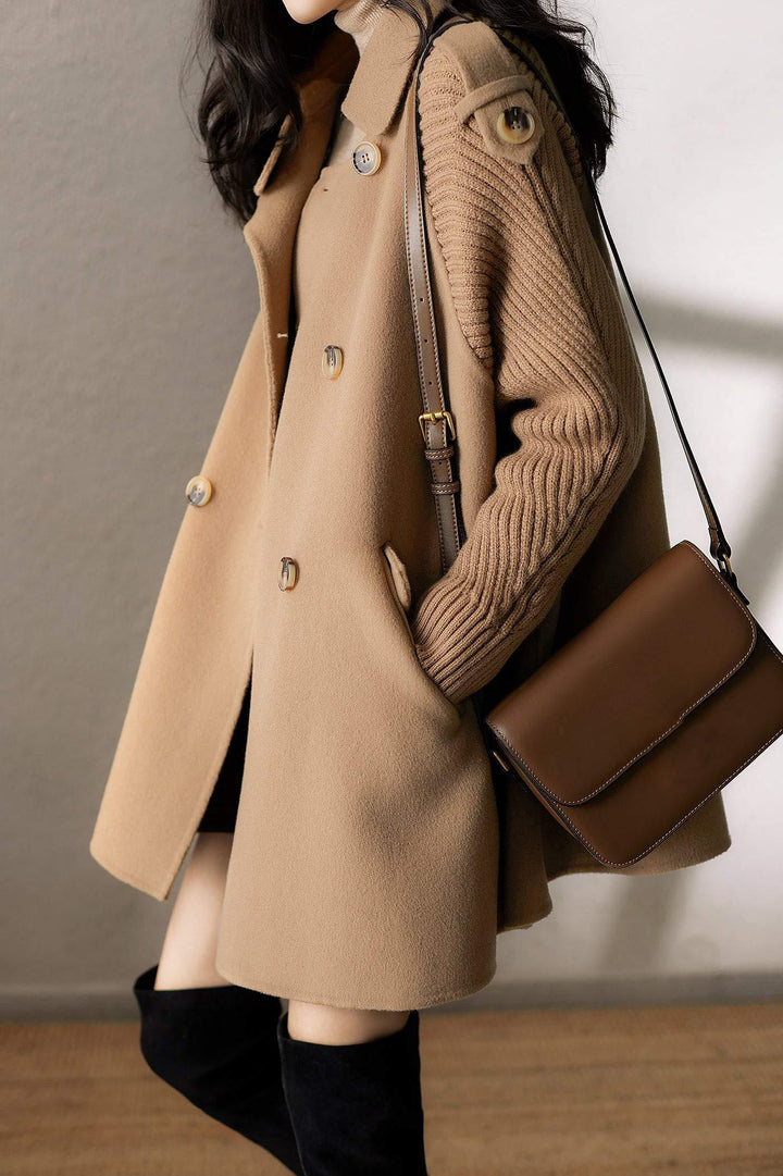 Stand Collar Epaulet Decor Knit Contrast Melton Coat